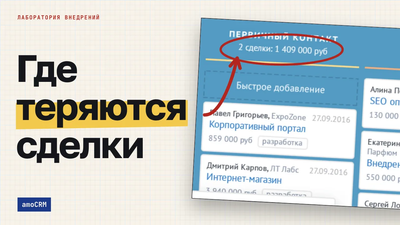 Где теряются сделки. Обложка записи «amoCRM как система контроля отдела продаж: где в данных видны потери»