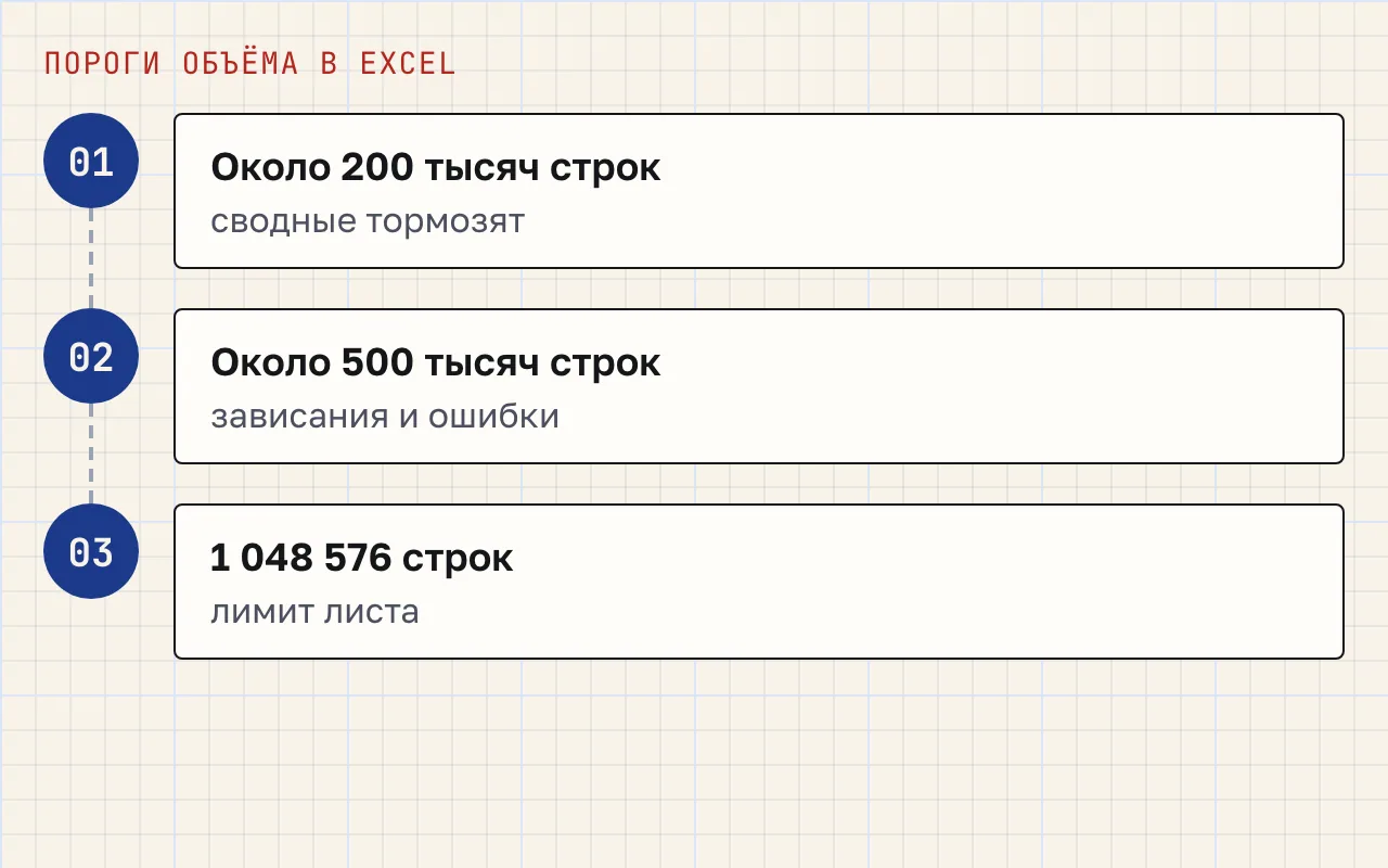 Три порога по росту объёма: около 200 тысяч строк сводные тормозят, около 500 тысяч зависания и ошибки, 1 048 576 строк — лимит листа.