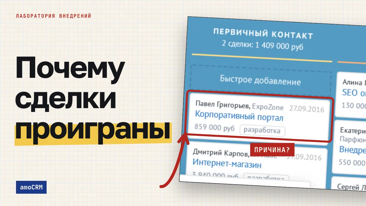 Почему сделки проиграны. Обложка записи «Причины отказа в amoCRM: как по проигранным сделкам увидеть нецелевой трафик»