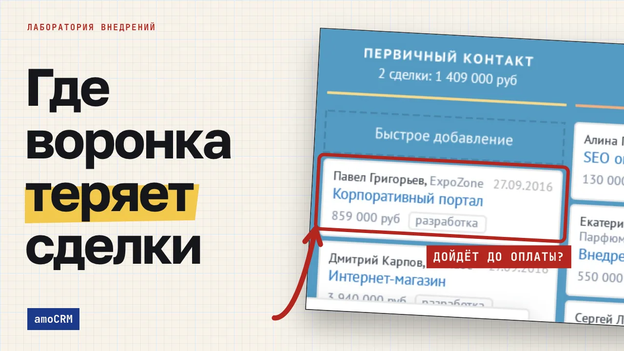 Где воронка теряет сделки. Обложка записи «Реальная конверсия воронки в amoCRM: как увидеть, где теряются заявки»